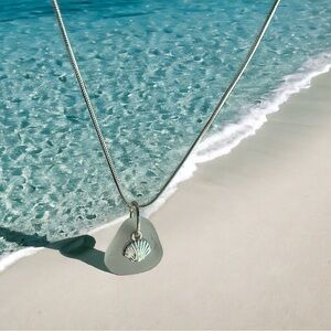 Real sea glass pendant, white piece of glass with sea shell charm